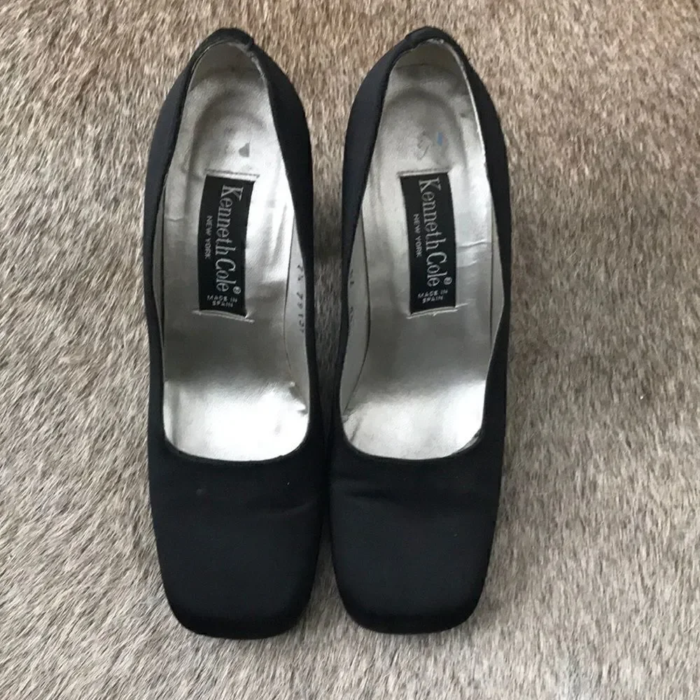 Black Satin square toe Kenneth Cole heels